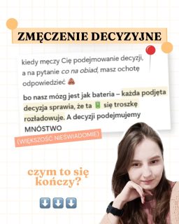 Gdy podejmujemy zbyt dużo decyzji*, zaczynamy mieć tego dość. Możemy nie wiedzieć, co się z nami dzieje, ale nagle:🔴 stoimy przed szafą i nie potrafimy zdecydować, w co się ubrać🔴 zamiast spędzić przyjemnie wolny czas, miotamy się, co tak naprawdę mamy robić🔴 na pytanie, co na obiad, chcemy dobitnie odwarknąć GÓ*NO!Narasta w nas frustracja. Gdy tylko usłyszymy jakiekolwiek pytanie, coś się w nas gotuje. Podejmowanie decyzji staje się z czasem niemożliwe.Ale wiesz, co? Możemy sobie to nasze życie choć troszkę ułatwić. Żeby podejmować mniej decyzji w życiu:➡️ czasem pozwalam Małemu Człowiekowi wybrać, w co ja się mam ubrać (bo czemu nie?)➡️ moje dziecko mniej więcej od 2. roku życia samo wybiera sobie ubrania (teraz ma 4,5 rok)➡️ planujemy posiłki na cały tydzień, żeby każdego dnia nie musieć znów od nowa zastanawiać się, co tym razem zjeść**➡️ na zakupy jeździmy z listą, żeby tylko wziąć, co trzeba (ponad 50% to kupowane te same produkty, więc mamy bazową listę zakupów, żeby nie pisać tego w kółko i w kółko)➡️ raz w tygodniu decyduję, nad którymi celami będę pracować przez kolejne 7 dni (gdy mam czas, wiem co robić)➡️ tworzę sobie checklisty (np. porannego i wieczornego journalingu)➡️ tworzę rutyny (np. w piątek podlewam rośliny, zmieniam ręczniki, ścierki, planuję posiłki i uzupełniam listę zakupów)Dzięki temu poświęcam na podejmowanie decyzji mniej czasu, a dodatkowo jest tych decyzji po prostu trochę mniej. A mi jest łatwiej 🥰A jak to wygląda u Ciebie? 📝 (zajrzyj do „**”⬇️)*w co się ubrać, jak się położyć, co ćwiczyć, który but założyć jako pierwszy, czego się napić itd. to często nieświadomie podejmowane decyzje, które tak czy inaczej trochę ten nasz mózg obciążają** jeśli chcesz odciążyć trochę 🔋 w swojej głowie i nie żyć ciągle na tym poziomie ➡️ 🪫, skomentuj CODZIENNOŚĆ. Wyślę Ci 3 darmowe lekcje i gotowe szablony, by ogarnąć łatwiejsze gotowanie, zakupy i sprzątanie 💌__Podobał ci się ten post? Zaobserwuj mnie @zaplanuj.rownowage i zacznij tworzyć równowagę w życiu 🧡☺️