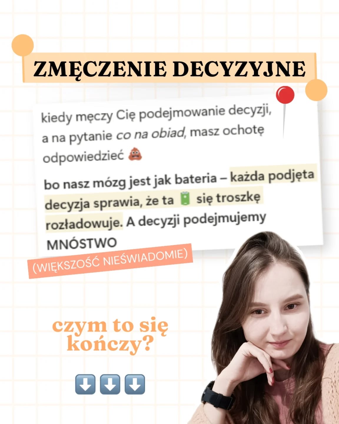 Gdy podejmujemy zbyt dużo decyzji*, zaczynamy mieć tego dość. Możemy nie wiedzieć, co się z nami dzieje, ale nagle:🔴 stoimy przed szafą i nie potrafimy zdecydować, w co się ubrać🔴 zamiast spędzić przyjemnie wolny czas, miotamy się, co tak naprawdę mamy robić🔴 na pytanie, co na obiad, chcemy dobitnie odwarknąć GÓ*NO!Narasta w nas frustracja. Gdy tylko usłyszymy jakiekolwiek pytanie, coś się w nas gotuje. Podejmowanie decyzji staje się z czasem niemożliwe.Ale wiesz, co? Możemy sobie to nasze życie choć troszkę ułatwić. Żeby podejmować mniej decyzji w życiu:➡️ czasem pozwalam Małemu Człowiekowi wybrać, w co ja się mam ubrać (bo czemu nie?)➡️ moje dziecko mniej więcej od 2. roku życia samo wybiera sobie ubrania (teraz ma 4,5 rok)➡️ planujemy posiłki na cały tydzień, żeby każdego dnia nie musieć znów od nowa zastanawiać się, co tym razem zjeść**➡️ na zakupy jeździmy z listą, żeby tylko wziąć, co trzeba (ponad 50% to kupowane te same produkty, więc mamy bazową listę zakupów, żeby nie pisać tego w kółko i w kółko)➡️ raz w tygodniu decyduję, nad którymi celami będę pracować przez kolejne 7 dni (gdy mam czas, wiem co robić)➡️ tworzę sobie checklisty (np. porannego i wieczornego journalingu)➡️ tworzę rutyny (np. w piątek podlewam rośliny, zmieniam ręczniki, ścierki, planuję posiłki i uzupełniam listę zakupów)Dzięki temu poświęcam na podejmowanie decyzji mniej czasu, a dodatkowo jest tych decyzji po prostu trochę mniej. A mi jest łatwiej 🥰A jak to wygląda u Ciebie? 📝 (zajrzyj do „**”⬇️)*w co się ubrać, jak się położyć, co ćwiczyć, który but założyć jako pierwszy, czego się napić itd. to często nieświadomie podejmowane decyzje, które tak czy inaczej trochę ten nasz mózg obciążają** jeśli chcesz odciążyć trochę 🔋 w swojej głowie i nie żyć ciągle na tym poziomie ➡️ 🪫, skomentuj CODZIENNOŚĆ. Wyślę Ci 3 darmowe lekcje i gotowe szablony, by ogarnąć łatwiejsze gotowanie, zakupy i sprzątanie 💌__Podobał ci się ten post? Zaobserwuj mnie @zaplanuj.rownowage i zacznij tworzyć równowagę w życiu 🧡☺️