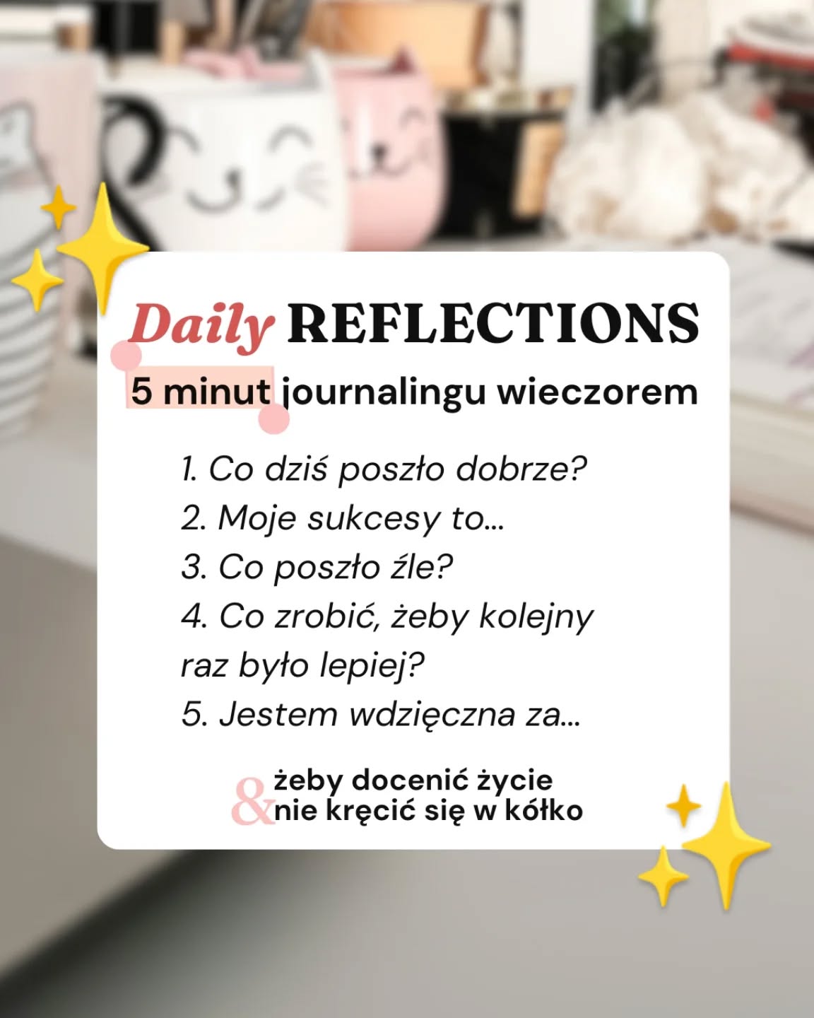 📍 5 minut naprawdę wystarczy, żeby:💫 zauważyć dobre strony nawet najgorszego dnia💫 zauważyć swoje małe i duże sukcesy, z których mamy prawo być dumne💫 wyłapać, co nam się nie podobało💫 i zastanowić się, jak możemy to zmienić, żeby nie popełniać w kółko tych samych błędów💫 no i żeby docenić swoje życie mimo trudności i problemów, które nas spotykająOdpowiesz sobie na te pytania? Daj znać w komentarzu 📝Spodobał Ci się ten post? Poślij go dalej w świat (udostępnij na stories, kliknij repost) – pomożesz mi dotrzeć do kolejnych kobiet, które chcą złapać trochę równowagi w życiu 🧡A jeśli się jeszcze nie znamy, to hej! Jestem Klaudia Jaroszewska-Kotradii i opowiadam o tym, jak złapać równowagę w życiu. Pokazuje swoje sposoby na ogarnięcie trudnej rzeczywistości (endometrioza, dziecko w spektrum autyzmu i nie tylko).📝 Uczę wspierającego planowania, czyli takiego, w którym jesteś człowiekiem i tak też siebie traktujesz, czyli najpierw rozmawiasz sama ze sobą, a dopiero potem planujesz 🧡 bez ciągłego podkręcania produktywnościTego potrzebujesz? Zaobserwuj ➡️ @zaplanuj.rownowage