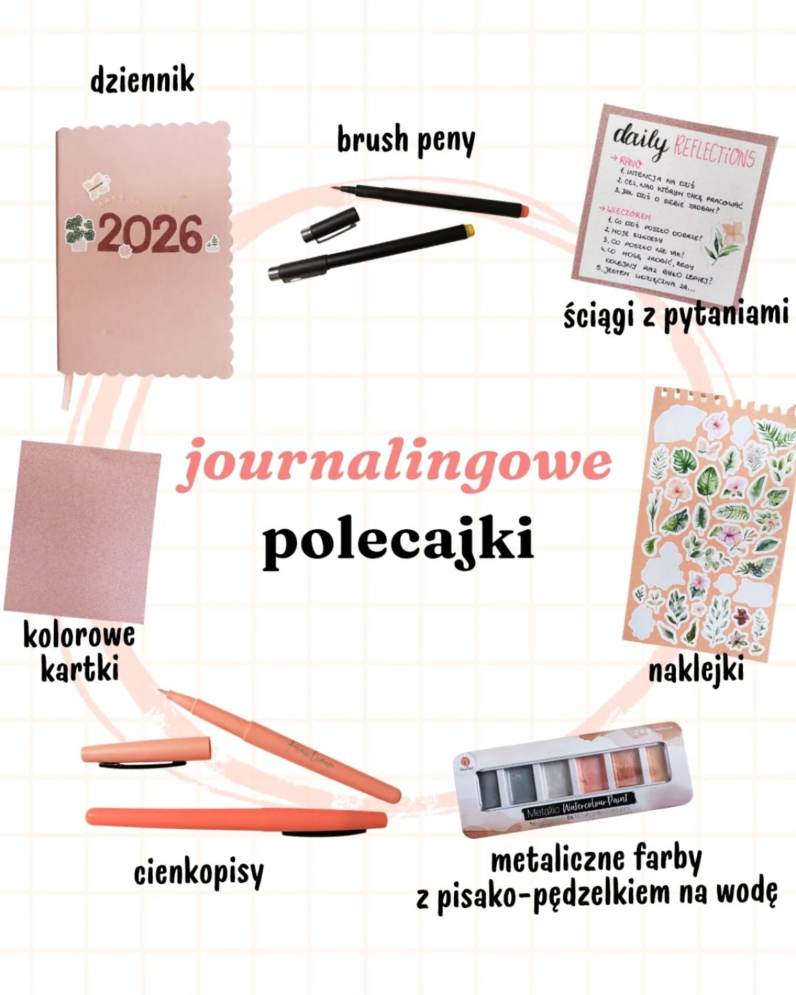 📍 Co polecam do journalingu?📝 dziennik – wiadomo, notes musi być. I wcale nie musi być drogi. Ten kupiłam parę dni temu w Action za ok. 12 zł (jest w linie)🖊️ brush peny – jako zakreślacze, do kaligrafowania nagłówków itd. (też z Action, ale nie pamiętam za ile, bo dawno temu je kupiłam)📃 ściągi z pytaniami – zrobiłam sama, żeby nie pisać w kółko tego samego. Zerkam na ściągę i wiem, co pisać rano, a co wieczorem (pytania są moje, sama zrobiłam „szablon” do porannego i wieczornego journalingu. Pytania znajdziesz na profilu)🌺 naklejki – z Action w śmiesznie niskiej cenie za milion pięćset sto dziewięćset naklejek (przeważnie naklejki kupuję właśnie tam, tym razem motyw kwiatów)🎨 metaliczne farby z pisako-pędzelkiem na wodę – tak, z Action (co zrobić, jak tam są fajne rzeczy za grosze?). Do pojemnika pędzelka wlewamy wodę. Ściskamy delikatnie i wylatuje kropelka do konkretnej farby. Mieszamy troszkę i możemy malować (u mnie do ozdabiania)✏️ cienkopisy – moje kolorowe długopisy już się wypisały (po ok. 10 latach?), więc kupiłam cienkopisy i są super. Miękko się pisze. Grubo (a to dla mnie ważne, bo nie znoszę pisaków 0.5 mm). I mają ładne kolory (tak, z Action)📜 kolorowe kartki – chociażby do przygotowania ściągawek, ale też do dekorowania, jeśli mam na to ochotęJaki post z journalingowej serii chciałabyś jako kolejny? 📝A jeśli się jeszcze nie znamy, to hej! Jestem Klaudia Jaroszewska-Kotradii i opowiadam o tym, jak złapać równowagę w życiu. Pokazuje swoje sposoby na ogarnięcie trudnej rzeczywistości (endometrioza, dziecko w spektrum autyzmu i nie tylko).📝 Uczę wspierającego planowania, czyli takiego, w którym jesteś człowiekiem i tak też siebie traktujesz, czyli najpierw rozmawiasz sama ze sobą, a dopiero potem planujesz 🧡 bez ciągłego podkręcania produktywnościTego potrzebujesz? Zaobserwuj ➡️ @zaplanuj.rownowage