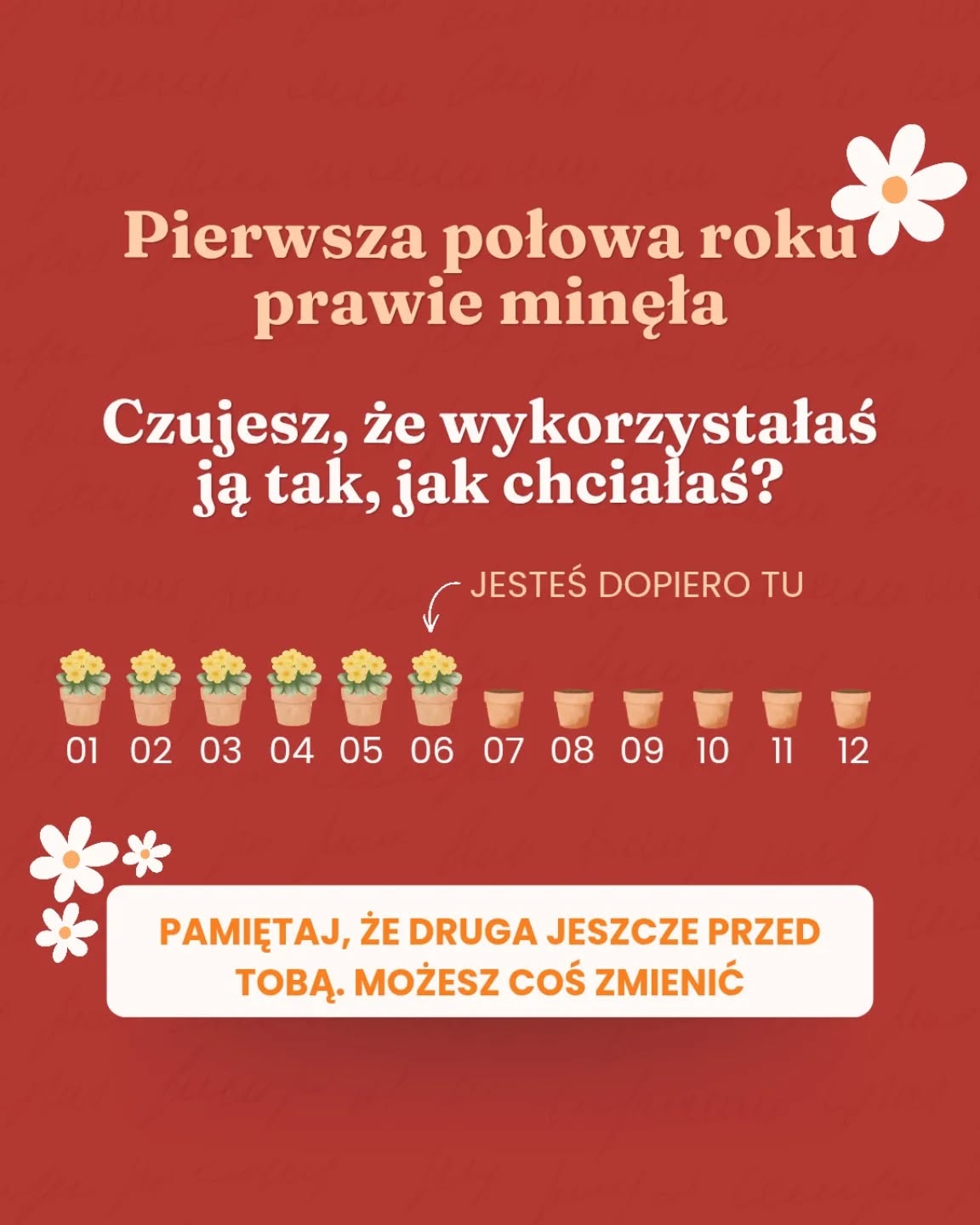 📍 Druga połowa roku nie musi być taka sama. Nie musisz tak pędzić. Nie musisz odkładać siebie na później. A już tym bardziej nie musisz czekać do nowego roku, by zacząć inaczej. Jeśli czujesz, że potrzebujesz zmiany, to moment na nią jest TERAZ, a nie dopiero wtedy, gdy będziesz przemęczona i wypalona 🧡Co chciałabyś zmienić w drugiej połowie roku? 📝Ja już postanowiłam, że nie będę uczyć się niczego nowego. Zamiast tego skupię się na szlifowaniu tego, czego uczyłam się (i jeszcze przez chwilę uczę się) w pierwszej połowie roku. Zdecydowałam, że kolejne sześć miesięcy będzie spokojniejsze. Dokończę to, co zaczęłam. Odpuszczę ciągły rozwój. Odetchnę.Ale to nie wszystko, jeszcze nie zrobiłam całego RESTARTU przed drugą połową roku. Ale zrobię, bo wiem, jak bardzo to pomaga w poukładaniu sobie wszystkiego 🧡A jeśli chcesz do mnie dołączyć, skomentuj CHAOS i wskakuj na warsztat online. Widzimy się 17 czerwca o 20:00 (a potem dostaniesz nagranie z dostępem na zawsze).To jak, chcesz coś zmienić? Zmiana bierze się z działania, pamiętaj o tym.